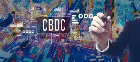 Foto de CBDC - Central Bank Digital Currency Concept with businessman in a city at night - Imagen libre de derechos