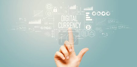 Téléchargez les photos : Digital currency theme with hand pressing a button on a technology screen - en image libre de droit