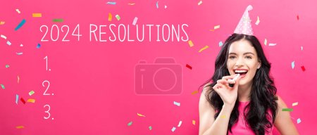 2024 Résolutions avec jeune femme avec thème de fête sur fond rose