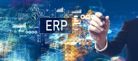 ERP - Enterprise resource planning theme with businessman in a bokeh neon light trails city night background