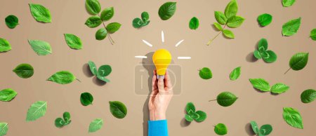 Person holding a light bulb with green leaves