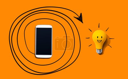 Téléchargez les photos : Créativité, inspiration, concept d'idée avec ampoule et smartphone - Flat lay - en image libre de droit