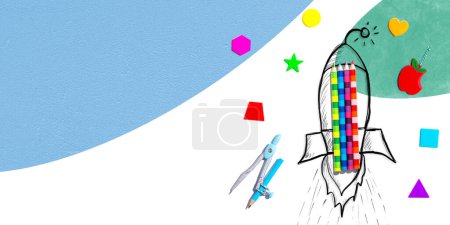 Téléchargez les photos : Back to school theme with a rocket with school supplies - Flat lay - en image libre de droit
