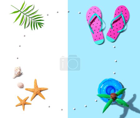 Téléchargez les photos : Concept d'été avec tongs et étoiles de mer - pose à plat - en image libre de droit