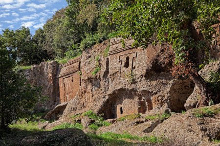 Foto de Viterbo, Lazio, Italia: Necrópolis etrusca de Castel d 'Asso, la fachada y la entrada de las tumbas antiguas talladas en la roca de la toba - Imagen libre de derechos