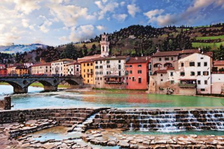 Santa Sofia, Forli Cesena, Emilie Romagne, Italie : paysage de l'ancienne ville avec les maisons pittoresques sur le bord de la rivière et les montagnes des Apennins en arrière-plan
