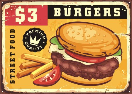 Illustration for Burger with french fries and tomato slice, promo menu sign for street food stand. Vintage hamburger poster or advertisement. Vector image. - Royalty Free Image