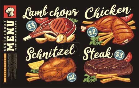 Restaurant menu design with delicious meals illustrations. Grilled chicken, beef steak, lamb chops and fried schnitzel food graphics. Diner vector illustration.