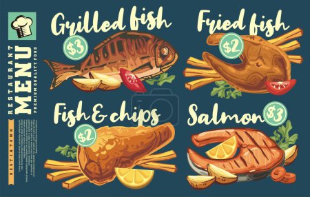 Téléchargez les illustrations : Fish and seafood plates served with french fries, lemon and parsley. Salmon steak, grilled fried fish steaks with chips. Vector menu design illustration for bistro or restaurant. - en licence libre de droit
