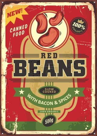Illustration for Canned food vintage tin sign design on old rusty texture. Red beans cooked with bacon and spices retro decorative poster graphic. Vector food label or package illustration for grocery product. - Royalty Free Image