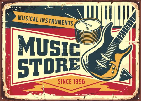 Ilustración de Music store retro sign post with electric guitar, drums and piano keyboards vector illustration. Vintage graphic with various musical instruments and equipment. - Imagen libre de derechos