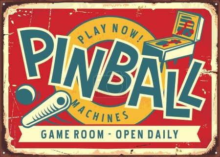 Pinball machines retro sign design. Game room vector poster illustration with pinball flipper on colorful metal background. Hobbies and leisure theme.