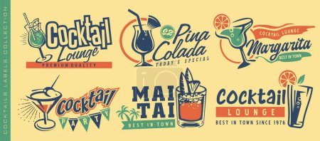 Téléchargez les illustrations : Cocktails and drinks set of creative banners and labels with popular alcoholic beverages. Cafe bar or cocktail lounge logos and signs collections. Vector illustrations of drinks and fruits glasses. - en licence libre de droit