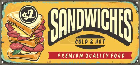 Delicious sandwiches retro yellow sign design layout with creative lettering and sandwich vector graphic. Vintage food and snacks advertisement.
