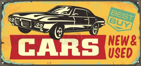 Car graphic on old yellow metal sign. Cars dealer retro advertisement design concept. Transportation vintage vector illustration.