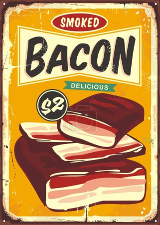 Retro butchery or grocery sign with delicious smoked bacon. Pork meat advertisement on old yellow background. Food vector illustration.