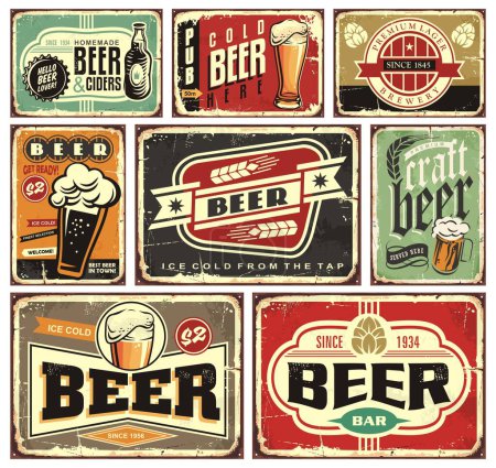 Téléchargez les illustrations : Retro beer signs collection. Vintage beers and drinks posters and pub decorations on old rusty metal background. Nostalgic vector advertisements graphics. - en licence libre de droit