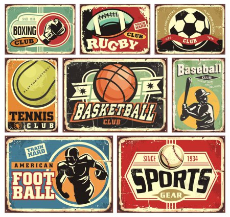 Téléchargez les illustrations : Sports and recreation old retro signs collection. Vector set of basketball and football sports club posters and equipment shop advertisement. Rugby and baseball vintage graphics. - en licence libre de droit
