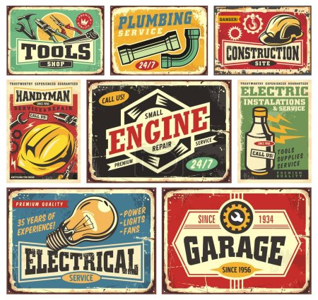 Tools, service and repair retro signs and posters collection on old paper and metal textures. Crafts and maintenance, plumbing, constructions and electrical work vintage advertisements set. Housekeeping and handyman vector illustrations.