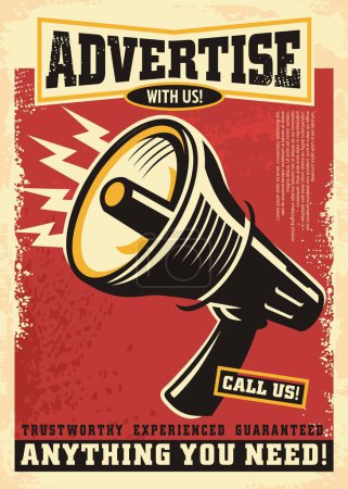 Ilustración de Advertise with us creative retro poster concept with megaphone graphic on red background. Marketing and advertising vector illustration. - Imagen libre de derechos