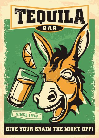 Téléchargez les illustrations : Happy donkey enjoy in tequila, funny anthropomorphic retro illustration for tequila bar. Vintage comic style poster design with animal smiling and drinking. Vector illustration. - en licence libre de droit