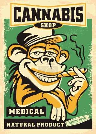 Cartoon drawing of monkey smoking marijuana joint. Retro promotional poster for medical cannabis. Vintage vector illustration.