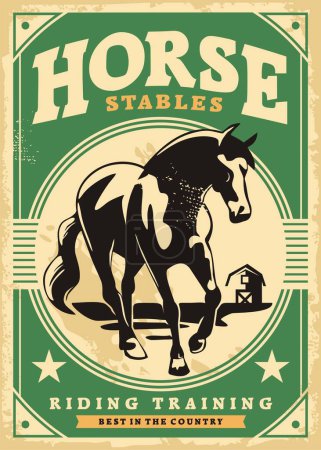 Ilustración de Horse stables vintage poster design. Farm animals retro promo sign with horse silhouette and barn graphic. Vector illustration. - Imagen libre de derechos
