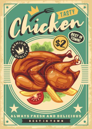Illustration for Grilled chicken meat with french fries and tomato salad promo poster design. Food vector illustration with whole roasted chicken or turkey. Retro restaurant menu advertisement. - Royalty Free Image