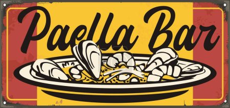 Illustration for Paella bar retro restaurant sign with paella plate vector drawing with shrimps and mussels . Spanish food menu advertisement. - Royalty Free Image