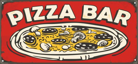 Illustration for Pizza bar vintage sign design with comic style pizza vector drawing on red background. Food poster. Pizzeria inscription. - Royalty Free Image