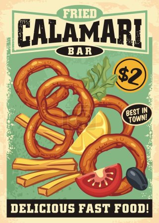 Fried calamari retro sign design with squid rings, black olive, tomato and french fries. Seafood vector image.