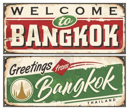 Illustration for Bangkok Thailand souvenir sign template. Greetings from Bangkok creative card design with lettering on old metal background. Vector travel illustration. - Royalty Free Image