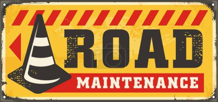 Illustration for Road maintenance warning sign illustration. Vector sign for road works and traffic cone graphic. Vector retro image. - Royalty Free Image