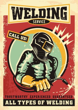 Welding work shop poster design with welder and creative typography. Retro vector flyer idea with man at work.