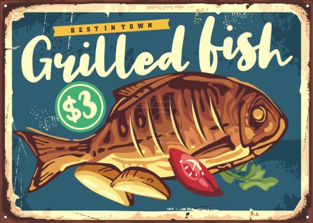 Ilustración de Grilled and roasted fish vintage menu design vector sign. Retro seafood restaurant sign concept with tasty fish and fried potatoes graphic. - Imagen libre de derechos