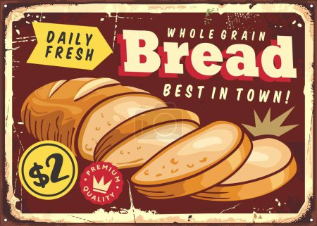 Ilustración de Whole grain bread vintage sign design layout with sliced piece of bread. Multigrain pastries and bakery goods retro poster ad. Food vector illustration. - Imagen libre de derechos