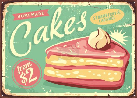 Strawberry cake with caramel retro bakery sign design. Piece of pink birthday cake vintage confectionery poster. Sweets and desserts vector illustration. Food sign.