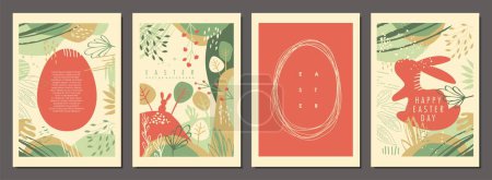 Illustration for Easter greeting cards and postcards set with artistic drawing of Easter eggs and Easter bunny. Holiday posters and flyers collection with floral pattern. Vector brochure covers. - Royalty Free Image