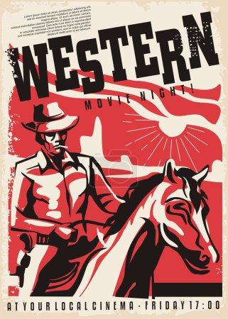 Cowboy riding a horse retro poster for western movies show. Vector illustration. Cinema poster. Film festival vintage flyer layout.
