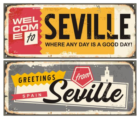 Illustration for Seville retro souvenirs set on old metal background. Greetings from Seville Spain, vintage vector signs illustration. Travel destinations concept. - Royalty Free Image