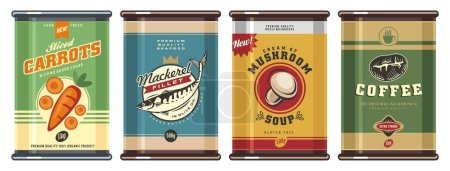 Illustration for Retro set of canned food, creative artistic concept. Design template or advertisement for grocery store with various cans. Vector coffee, mushroom soup, sliced carrots and mackerel packages design. - Royalty Free Image