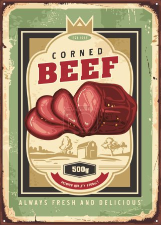 Illustration for Vintage advertisement idea for delicious corned beef poster. Smoked meat product promotional vector psign design. Food illustration. - Royalty Free Image