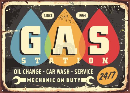 Illustration for Gas station old retro sign design in fifties style. Cars and transportation promotional poster layout. Vector illustration. - Royalty Free Image