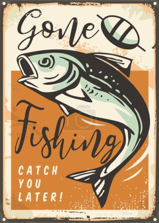 Pesca perdida, diseño de póster retro con peces en el gráfico de gancho. Divertido signo de estaño vector de pesca vintage. Tema de recreación y aficiones.