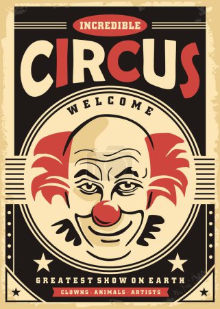 Illustration for Retro poster design for incredible circus show. Comic style clown portrait with red nose and hair. Circus vector flyer template. - Royalty Free Image