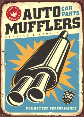 Illustration for Auto mufflers vintage metal sign idea. Car parts service and repair retro 1950s poster concept. Auto industry and transportation vector illustration. - Royalty Free Image