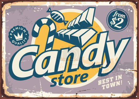 Illustration for Candy store retro graphic with chocolates and sweets. Sweet food vintage poster on purple background. Candies vector illustration. - Royalty Free Image