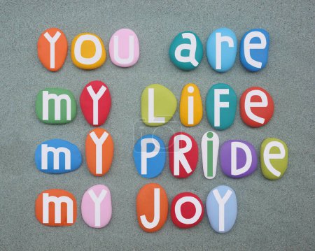 Du bist mein Leben, mein Stolz, meine Freude, kreative Liebesbotschaft, komponiert mit handgemalten mehrfarbigen Steinbuchstaben über grünem Sand