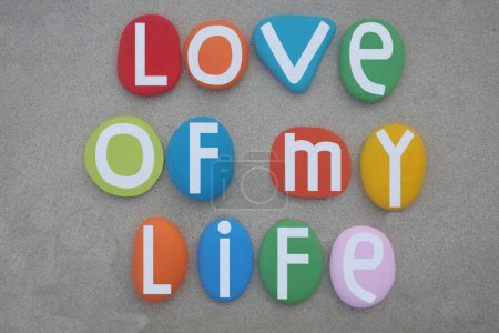 Love of my life, creative message composed with hand painted multi colored stone letters over beach sand
