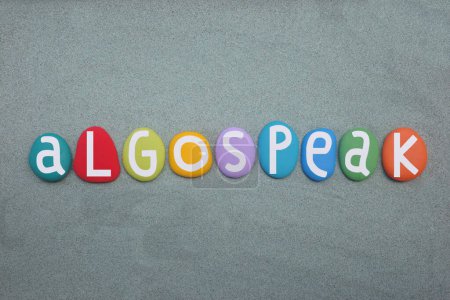 Algospeak, or algorithm speak, refers to code words or expressions that social media users adopt in order to avoid content moderation systems, creative word composed with multi colored stone letters over green sand